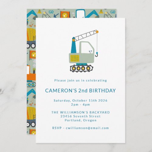 Construction Digger Trucks Blue 2nd Birthday Party Invitation