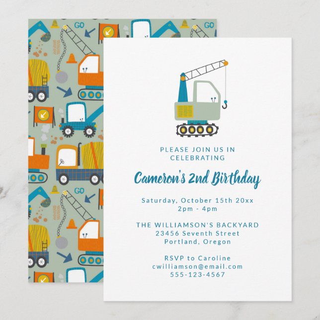 Construction Digger Trucks Blue 2nd Birthday Party Invitation (Front/Back)