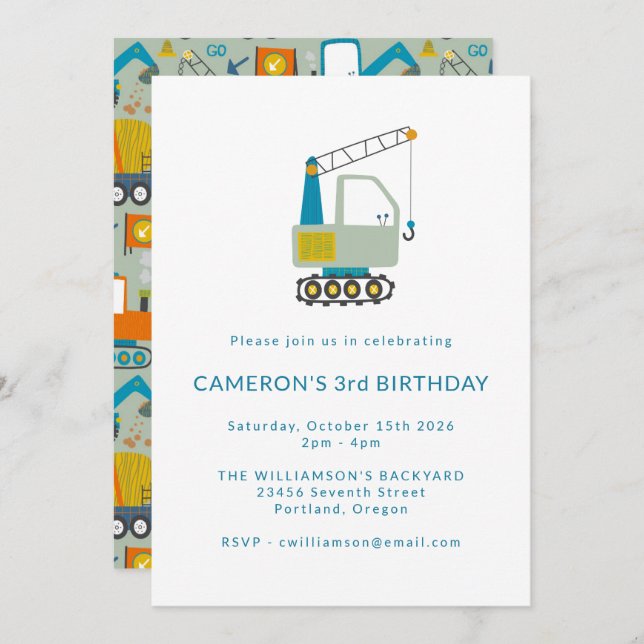 Construction Digger Trucks Blue 3rd Birthday Party Invitation (Front/Back)
