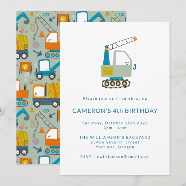 Construction Digger Trucks Blue 4th Birthday Party Invitation (Front/Back)