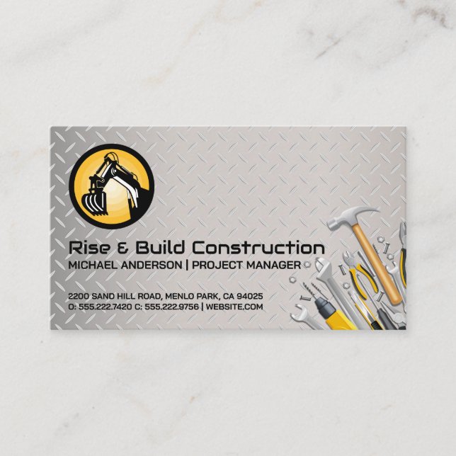 Construction Digger Vehicle | Builder Tools Business Card (Front)