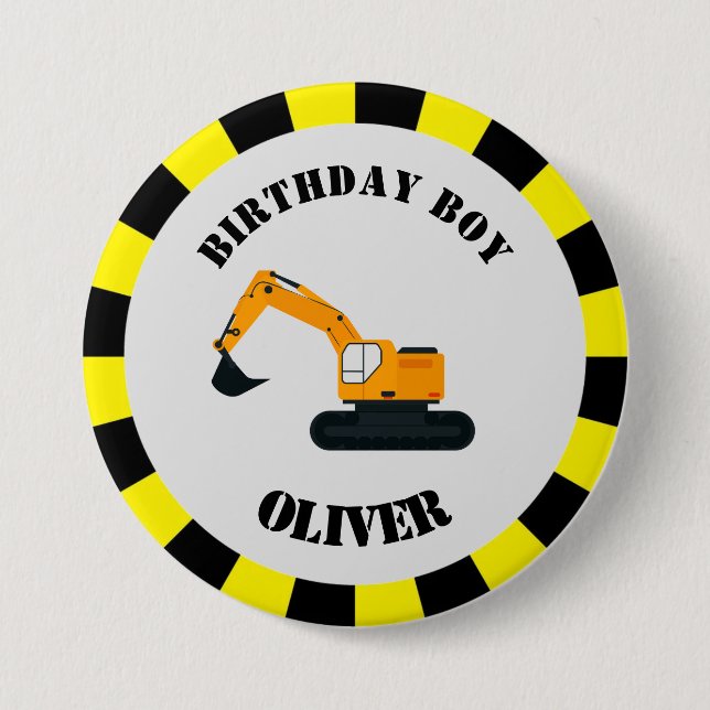 Construction Diggers Birthday Boy Badge Button (Front)