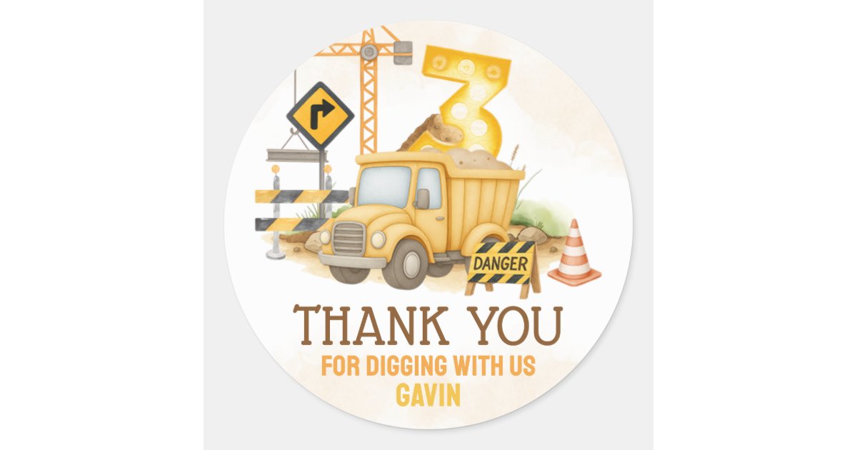 Construction Digging It 3rd Birthday Party Classic Round Sticker | Zazzle