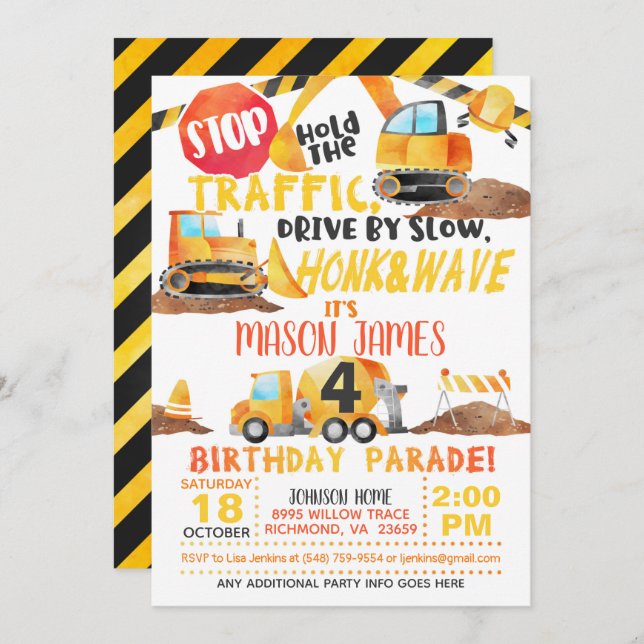 Construction Drive By Birthday Parade Invitation (Front/Back)