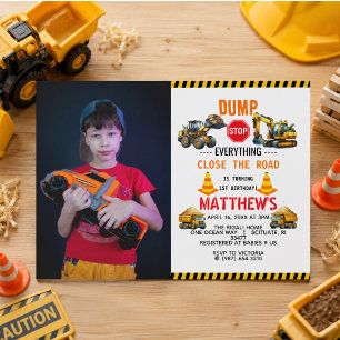 Construction Dump Truck 1st Birthday Party Invitation