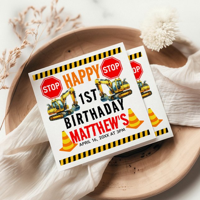 Construction Dump Truck 1st Birthday Party Napkins (Creator Uploaded)