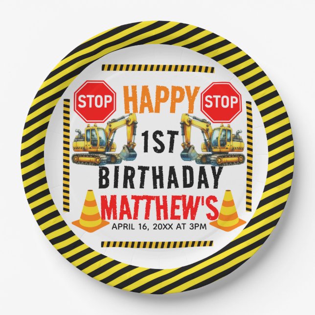 Construction Dump Truck 1st Birthday Party Paper Plates (Front)