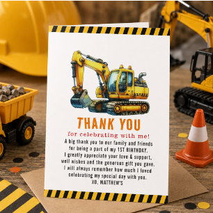 Construction Dump Truck 1st Birthday  Party Thank You Card