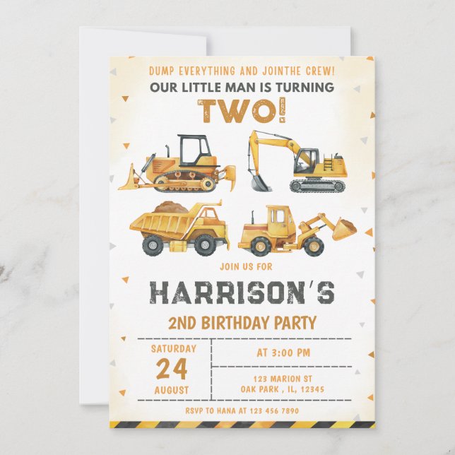 Construction Dump Truck 2nd Birthday  Invitation (Front)