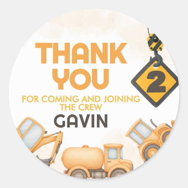 Construction Dump Truck 2nd Birthday Party Classic Round Sticker (Front)