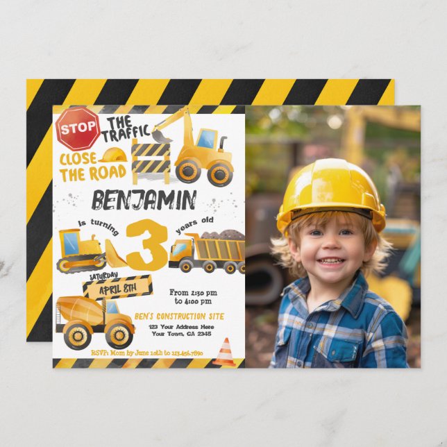 Construction, Dump Truck 3rd Birthday Invitation (Front/Back)