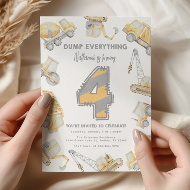 Construction Dump Truck 4th Birthday Party Invitation (Creator Uploaded)
