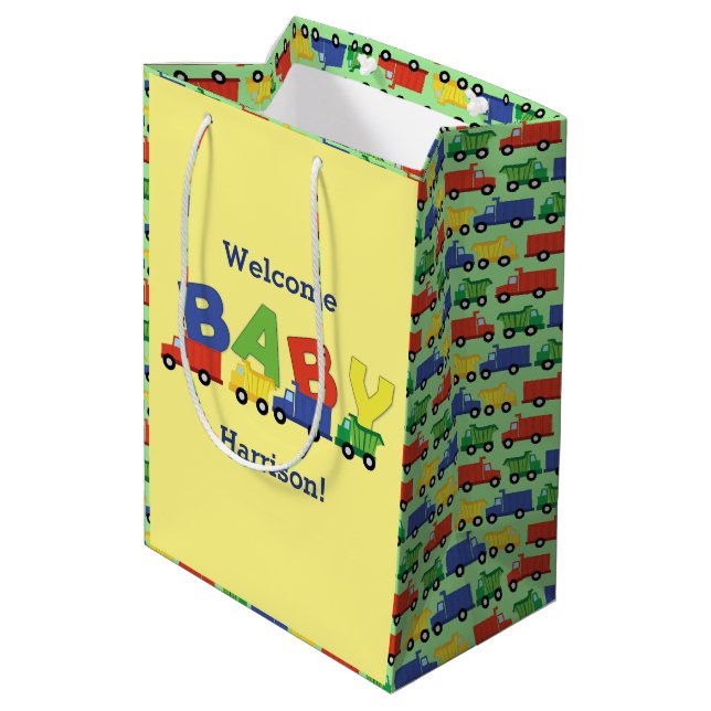 Construction Dump Truck Baby Shower Boy Medium Gift Bag (Back Angled)