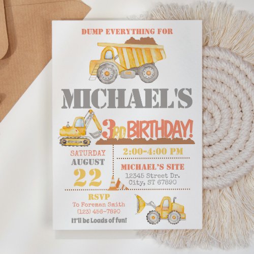 Construction Dump Truck Birthday Invitation