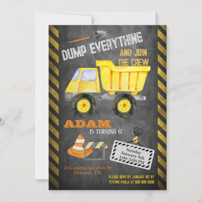 Construction Dump Truck Birthday Invitation (Front)