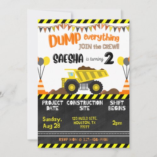 Construction Dump Truck Birthday Invitations