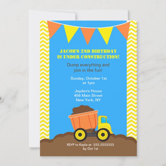 Construction Dump Truck Birthday Invitations (Front)