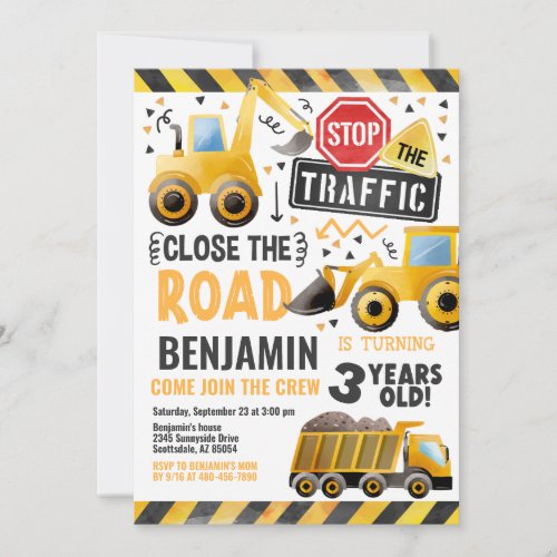 Construction Dump Truck Birthday Party Invitation