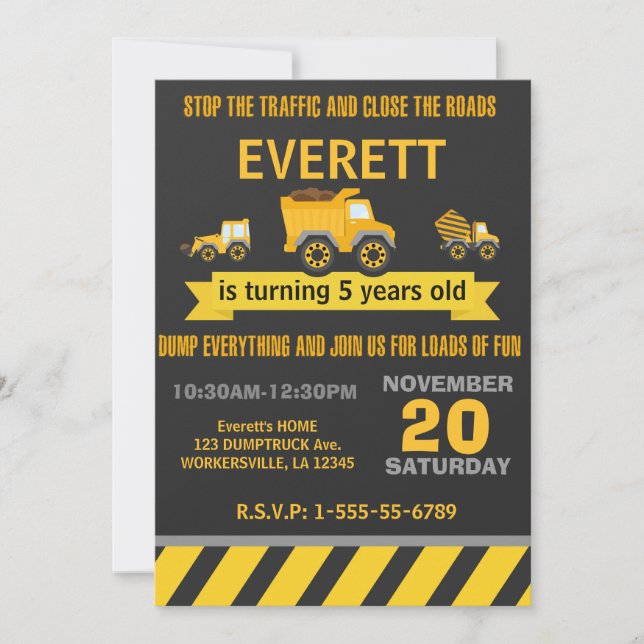 Construction Dump Truck Birthday Party Invitation (Front)