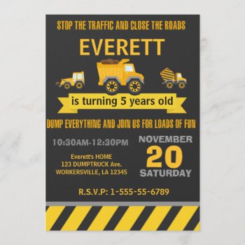 Construction Dump Truck Birthday Party Invitation by TiffsSweetDesigns at Zazzle