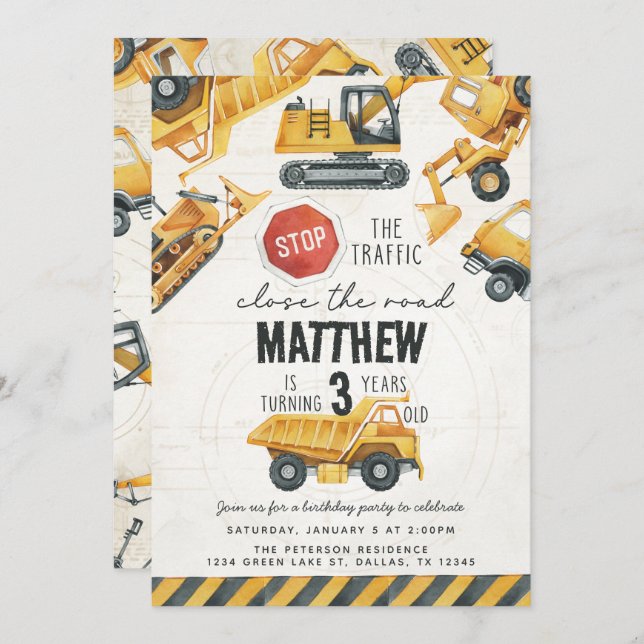 Construction Dump Truck Birthday Party Invitation (Front/Back)