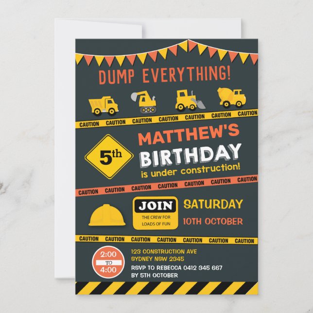 Construction Dump Truck Birthday Party Invitation (Front)