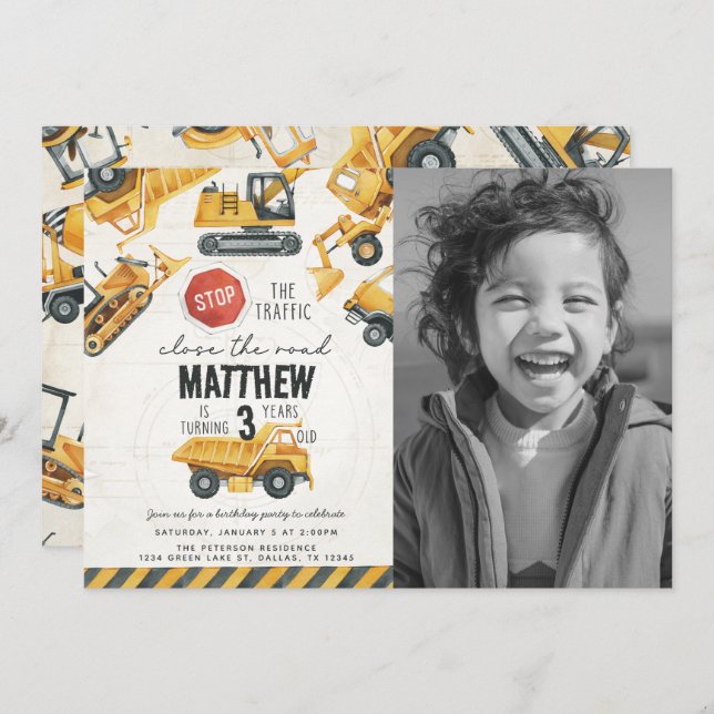 Construction Dump Truck Birthday Party Invitation (Front/Back)