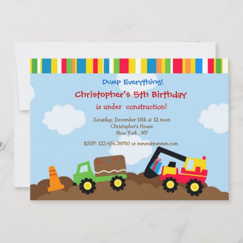 Construction Dump truck Birthday Party Invitations