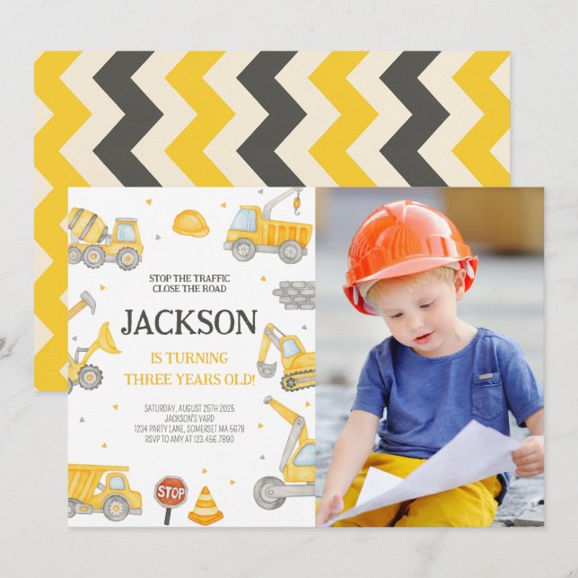 Construction Dump Truck Birthday Party Photo Invitation (Front/Back)