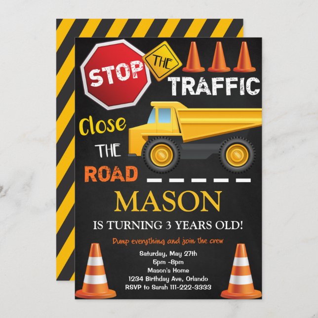 Construction Dump Truck Black Birthday Invite (Front/Back)