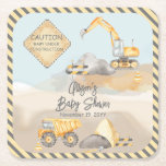 Construction Dump Truck Boy Baby Shower Square Paper Coaster<br><div class="desc">Created with a muted watercolor less traditional pallet, this Baby Shower design features a dump truck and a backhoe-excavator on a construction site with the caption "Caution Baby Under Construction". The muted pallet is continued on back with a charcoal gray and softer yellow diagonal striped pattern. Composite design by Holiday...</div>
