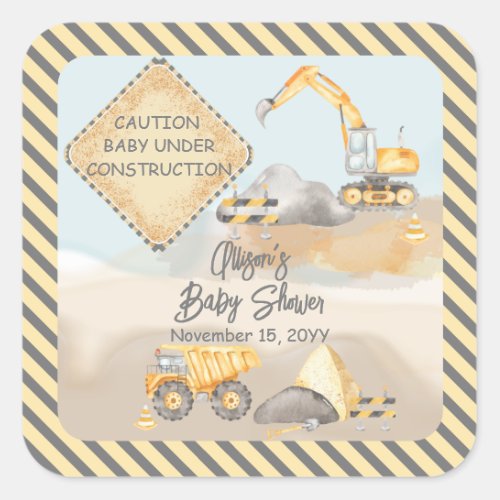 Construction Dump Truck Boy Baby Shower Square Sticker