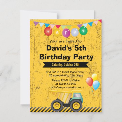 Construction Dump Truck Boy Birthday Party Invitation