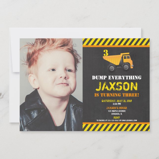Construction dump truck boy birthday party photo invitation (Front)