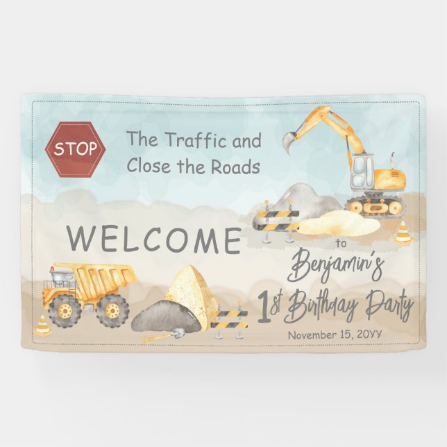 Construction Dump Truck Boy's 1st Birthday Party Banner (Horizontal)