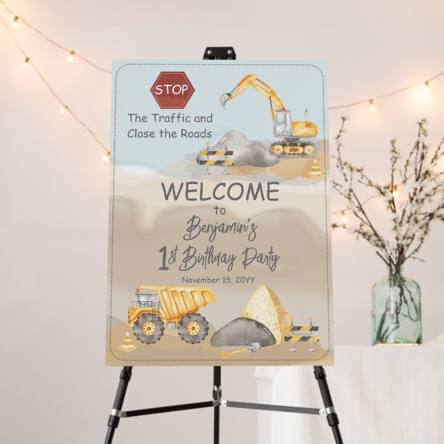 Construction Dump Truck Boy's 1st Birthday Party Foam Board (In Situ (Stand))