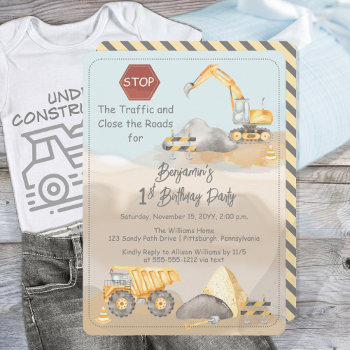 Construction Dump Truck Boy's 1st Birthday Party Invitation by holidayhearts at Zazzle