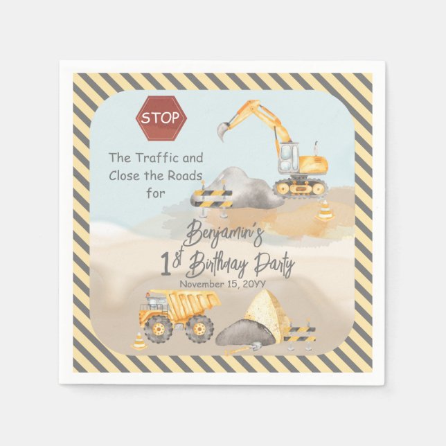 Construction Dump Truck Boy's 1st Birthday Party Napkins (Front)