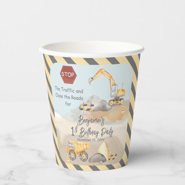 Construction Dump Truck Boy's 1st Birthday Party Paper Cups (Front)