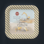 Construction Dump Truck Boy's 1st Birthday Party Paper Plates<br><div class="desc">Created with a muted watercolor less traditional pallet, this 1st Birthday Party design features a dump truck and a backhoe-excavator on a construction site with the caption "Stop the Traffic and Close the Roads for" your child's birthday. The muted pallet is continued on back with a charcoal gray and softer...</div>