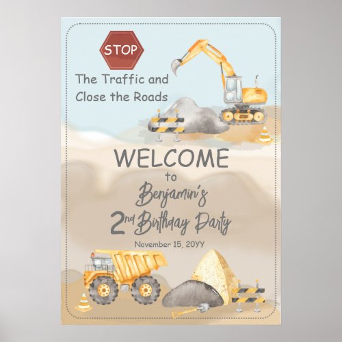 Construction Dump Truck Boys 2nd Birthday Party Poster