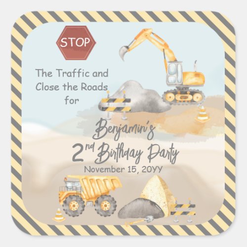 Construction Dump Truck Boys 2nd Birthday Party Square Sticker