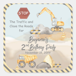 Construction Dump Truck Boy's 2nd Birthday Party Square Sticker