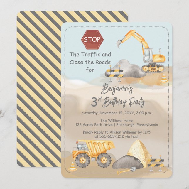 Construction Dump Truck Boy's 3rd Birthday Party Invitation (Front/Back)