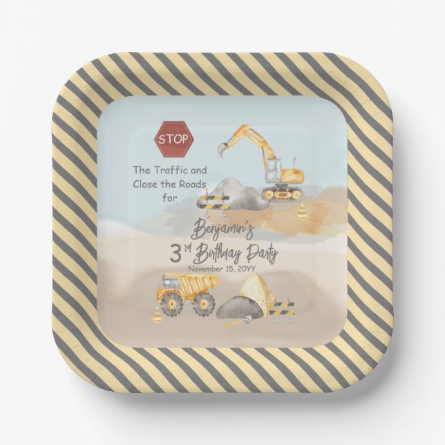 Construction Dump Truck Boy's 3rd Birthday Party Paper Plates (Front)