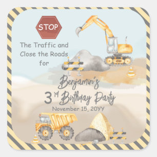 Construction Dump Truck Boy's 3rd Birthday Party Square Sticker