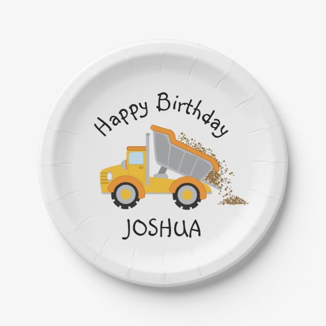 Construction Dump Truck Boys Birthday Paper Plates (Front)