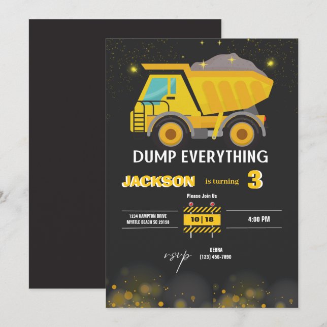   Construction Dump Truck Boys Birthday Party Invitation (Front/Back)