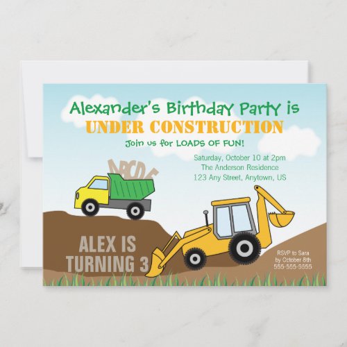 Construction Dump Truck Boys Birthday Party Invitation