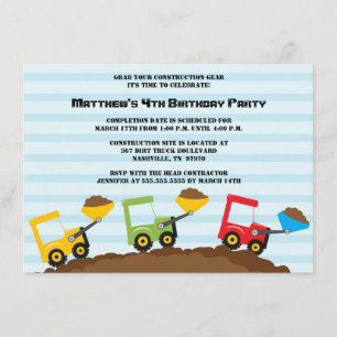 Construction dump truck boys birthday party invite